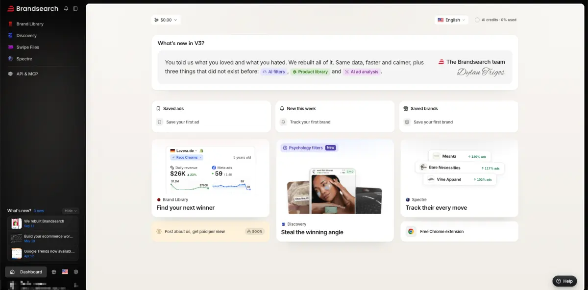 L’application après connexion. Le bandeau V3 est signé par l’équipe, et les trois briques Brand Library, Disco