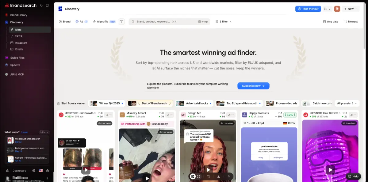 Discovery, l’onglet Meta. Recherche sémantique, filtres par adspend EU/UK, et huit presets pour partir d’une s